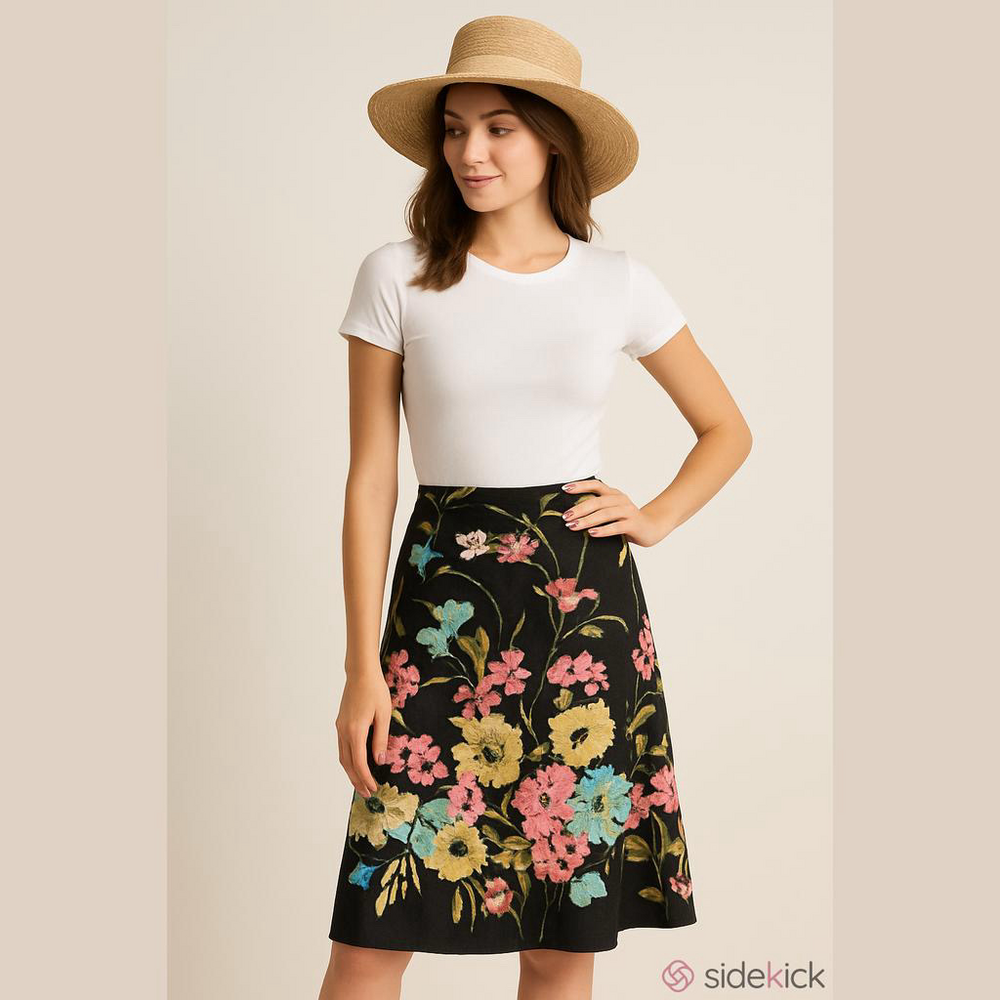 AK Anne Klein Floral A-Line Cotton Corduroy Women's Size 4 Sequin Detail Skirt